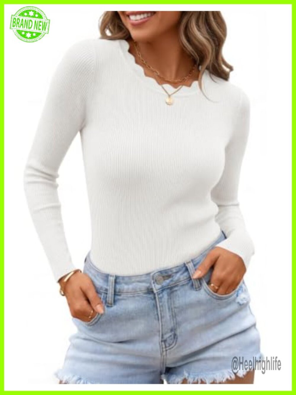 Ribbed Knit Fitted Long Sleeve Sweater Top Scalloped Crew Neck Slim Fit